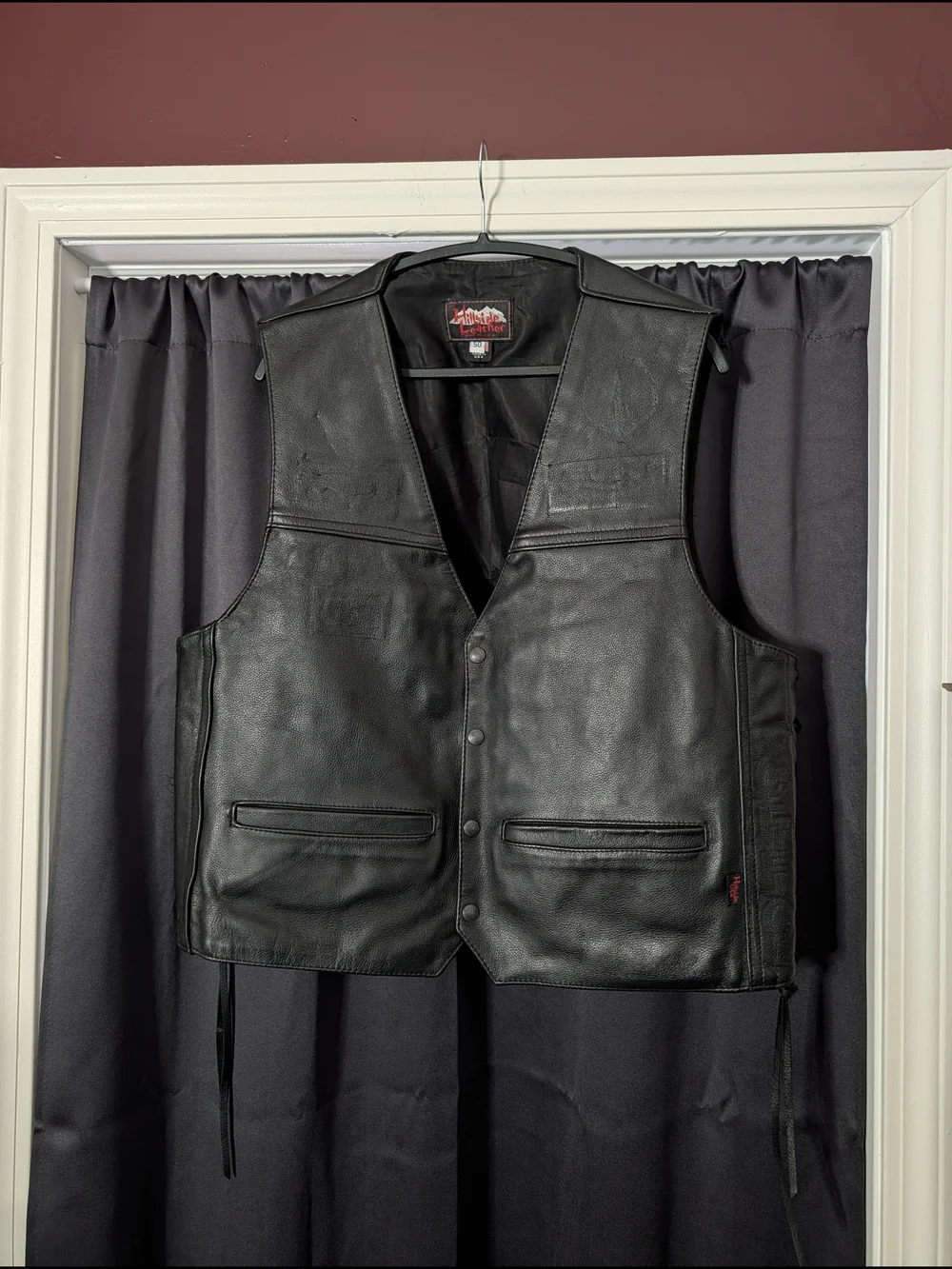 HILLSIDE LEATHER Black Made In USA lace Side Snap Front Biker Motorcycle Vest